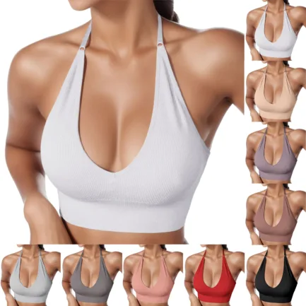 Halterneck Sports Bra Women's Backless Deep V Neck Sports Bustier Padded Sexy Gym Push Up Bra One Strap Sports Bras For Women - Image 7