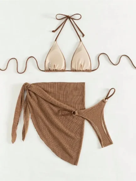 Sexy Brown Bikini Set 2024 Women Halter Push Up Bra Skirt 3 Piece Swimsuit Summer Bathing Suit Cover Up Thong Swimwear Biquini - Image 2