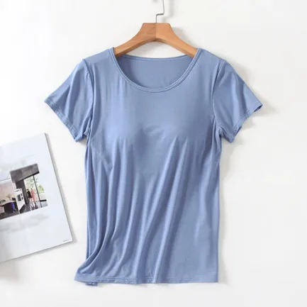 Women's One-Piece T-Shirt With Built In Bra Short-sleeved Slim Fit Soft Breathable Casual All-Matching Tops - Image 13