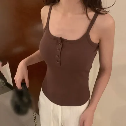 Button Bra Top Solid Color Slim Fit Thin Strap Tank Tops Women Summer Casual Sleeveless T-Shirt Vest with Chest Pads - Image 24