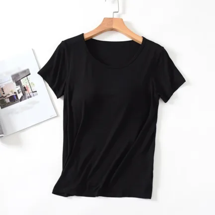 Women's One-Piece T-Shirt With Built In Bra Short-sleeved Slim Fit Soft Breathable Casual All-Matching Tops - Image 9