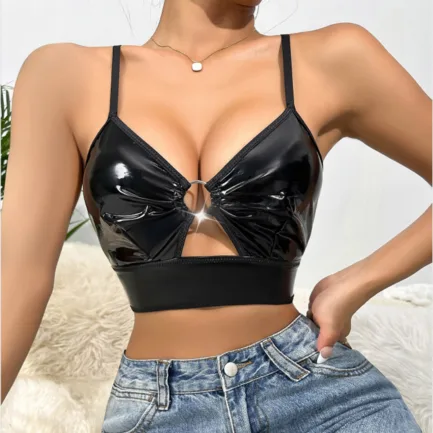 Women Sexy Glossy Leather Bra For Sex Hot Porn Sexy Lingerie Metal Ring Hollow Latex Push Up Bralette Tops Bra Women Clubwear - Image 7