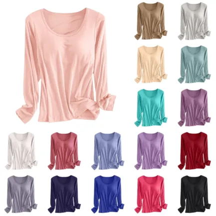 Built in Bra Padded Long Sleeve T Shirt Women Active Soft Casual Pajama Tops Tee Loose Fit Korean Home Round Neck Tee Shirt - Image 7