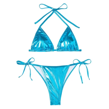 Women Bikini Sets Metallic Shiny String Push Up Padded Bra Thong 2 Pieces Swimsuit Set G-String T Back Thong Triangle Panty - Image 7