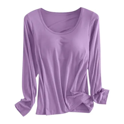 Built in Bra Padded Long Sleeve T Shirt Women Active Soft Casual Pajama Tops Tee Loose Fit Korean Home Round Neck Tee Shirt - Image 15