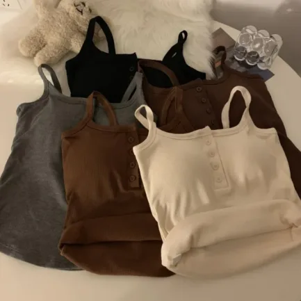 Button Bra Top Solid Color Slim Fit Thin Strap Tank Tops Women Summer Casual Sleeveless T-Shirt Vest with Chest Pads - Image 39