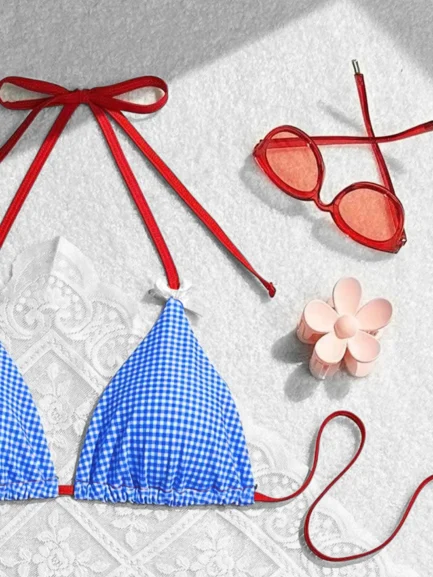 Women's Checkered Print Bikini 3 Piece Set Sweet Wind Bow Swimsuit Sexy Triangle Bra Halter Backless Beach Swimwear 2024 New - Image 10