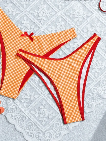 Women's Checkered Print Bikini 3 Piece Set Sweet Wind Bow Swimsuit Sexy Triangle Bra Halter Backless Beach Swimwear 2024 New - Image 15