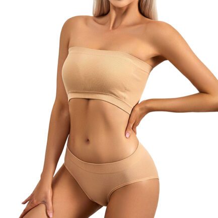 2 Piece Strapless Top With Padded Bra Lingerie Vest And Pack Hip Big Triangle Square Panty Solid Color Underwear Set For Women - Image 15