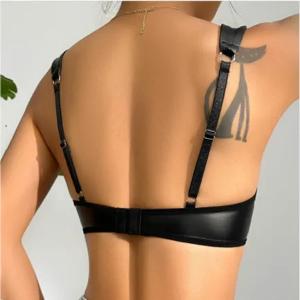 Womens Sexy Lingerie Wetlook Leather Harness Bra Fashion Black Wire-free No Pad Bra Top Erotic Lingerie Underwear Clubwear - Image 5