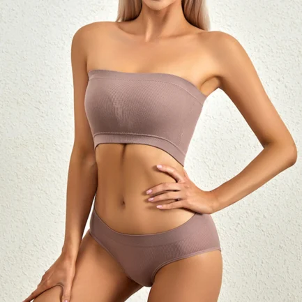 2 Piece Strapless Top With Padded Bra Lingerie Vest And Pack Hip Big Triangle Square Panty Solid Color Underwear Set For Women - Image 3