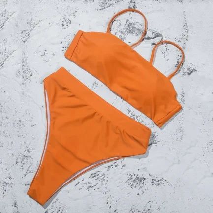 Women'S Solid Color Bikini Set Strapless Bandeau Bra High Waist Briefs Two Piece Swimwear Biquini Women'S Beach Swimming Suit - Image 28