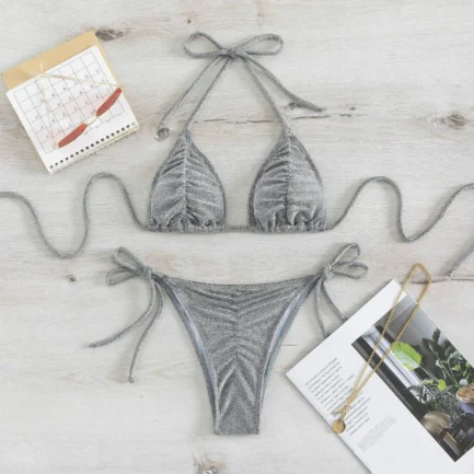 Swimwear For Women 2024 Plus Size Silver Silk Fabric Sexy Triangle Split Bikini Swimsuit For Women Trajes De BañO Mujer - Image 4