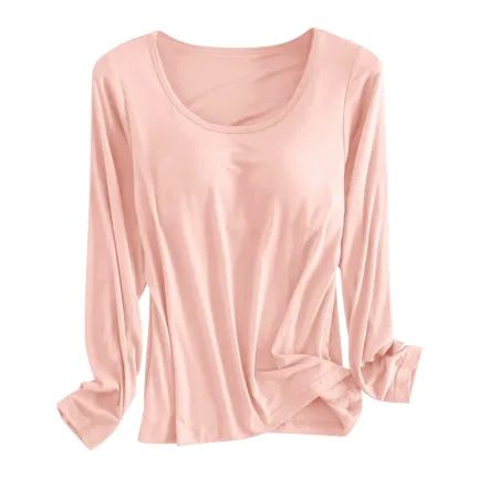 Built in Bra Padded Long Sleeve T Shirt Women Active Soft Casual Pajama Tops Tee Loose Fit Korean Home Round Neck Tee Shirt - Image 13