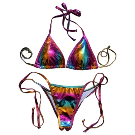 Women Bikini Sets Metallic Shiny String Push Up Padded Bra Thong 2 Pieces Swimsuit Set G-String T Back Thong Triangle Panty - Image 11