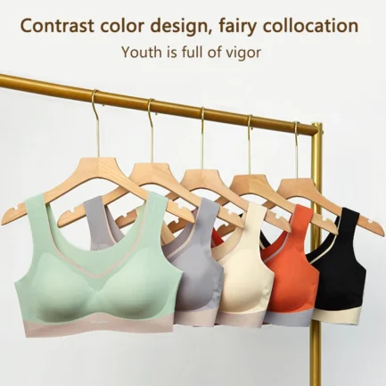 Elegant Seamless Latex Gathering Bra For Women Ice Silk Color Contrast Soft Breathable Underwear Anti-Slip Smooth Daily Bra - Image 8
