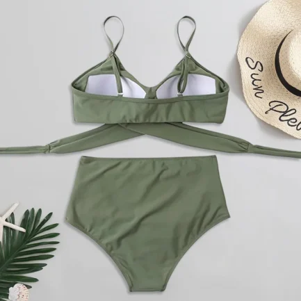 Solid Swimsuit for Women High Waist Bikini Swimwear Sexy Push Up Bra Soild Swimwears Tankinis Set Ruched Wrap Hip Triangle Panty - Image 12