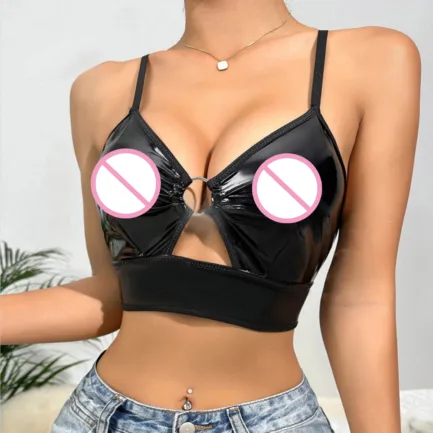 Women Sexy Glossy Leather Bra For Sex Hot Porn Sexy Lingerie Metal Ring Hollow Latex Push Up Bralette Tops Bra Women Clubwear - Image 15