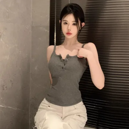 Button Bra Top Solid Color Slim Fit Thin Strap Tank Tops Women Summer Casual Sleeveless T-Shirt Vest with Chest Pads - Image 26