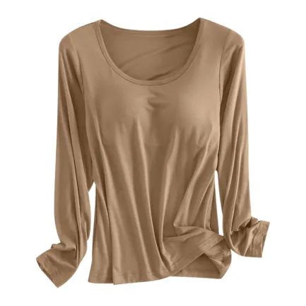 Built in Bra Padded Long Sleeve T Shirt Women Active Soft Casual Pajama Tops Tee Loose Fit Korean Home Round Neck Tee Shirt - Image 3