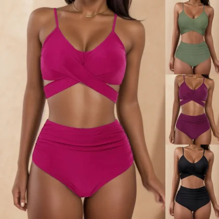 Solid Swimsuit for Women High Waist Bikini Swimwear Sexy Push Up Bra Soild Swimwears Tankinis Set Ruched Wrap Hip Triangle Panty - Image 5